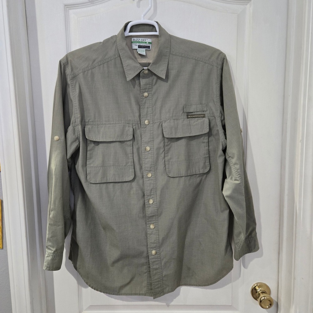 ExOfficio Fishing Shirt Mens Large Green Excellent Buzz Off Insect Shield L/S